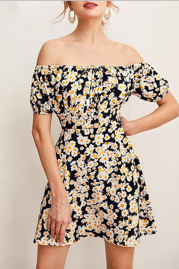 Black Off Shoulder Print Casual Dress